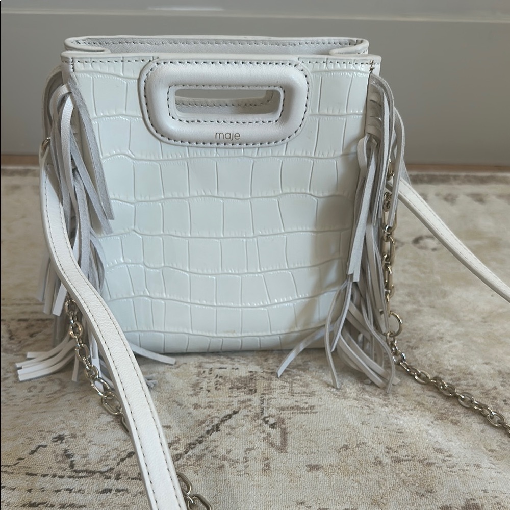 Maje Ivory Croc-Embossed Crossbody Bag with Fringe